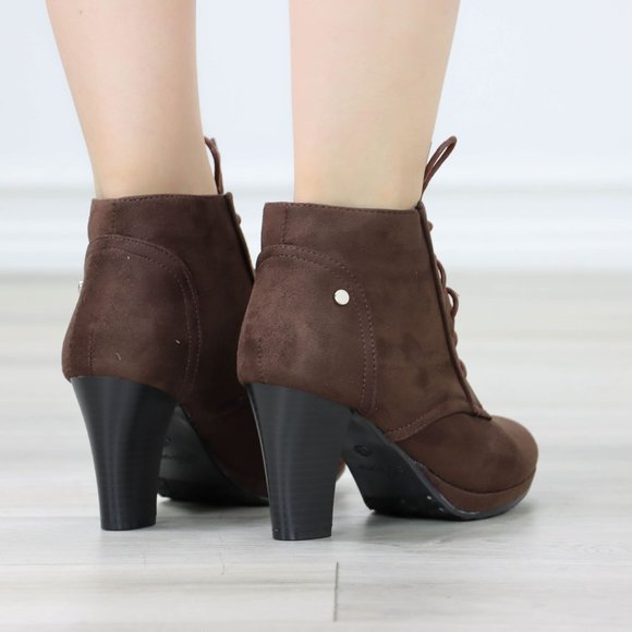 Womens Ankle Boots Lace Up Block Heel Booties Brown Faux Suede - Picture 5 of 11